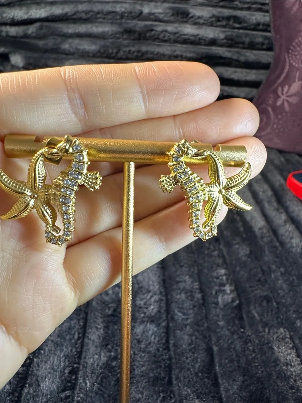 Kenneth Jay Lane Gold Seahorse & Starfish Crystal Drop Earrings - Picture 2 of 7